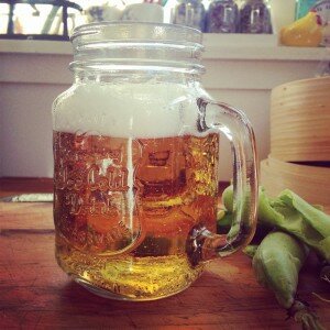 Mason jar. Good for beer